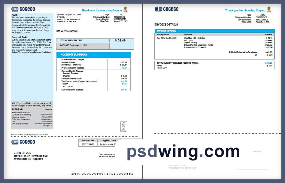 Canada Cogeco Utility Bill (2 Pages)